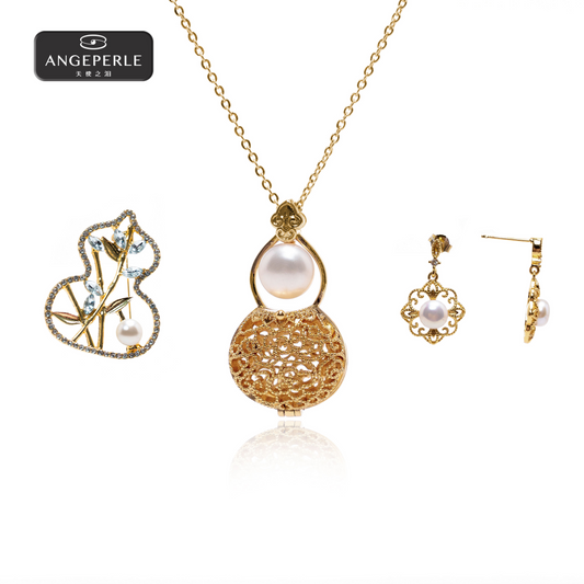 ANGEPERLE Alloy Freshwater Pearl Fortune Pendant with Earrings and Brooch Three-Piece Set 6-7/7-8mm TSSL096