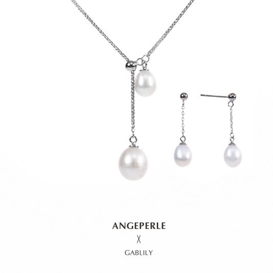 ANGEPERLE S925 Sterling Silver Freshwater Pearl Y-Chain with Threader Earrings and Scarf 6-10mm TSJCY718