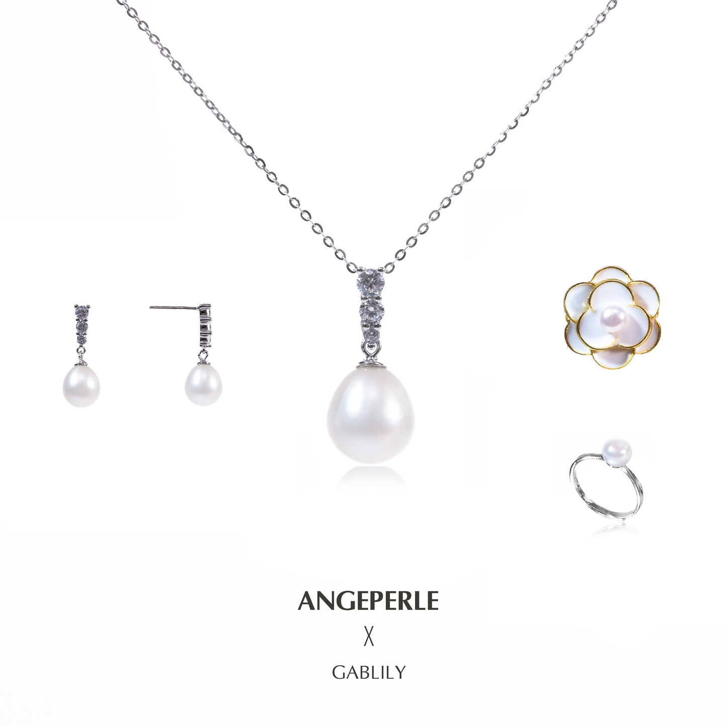 ANGEPERLE S925 silver freshwater pearl pendant earrings brooch ring(TSJCY351)