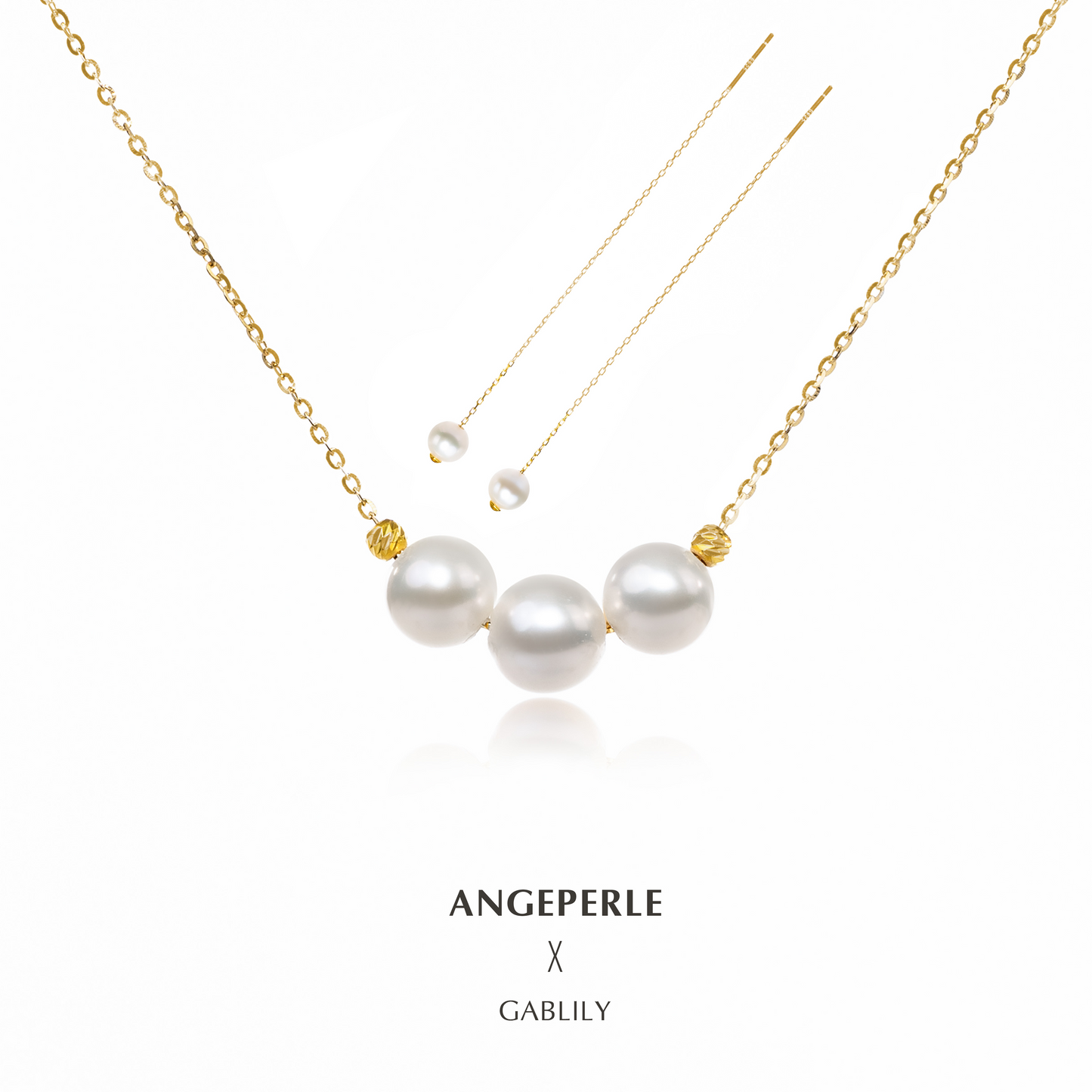 ANGEPERLE Freshwater S925 Silver Smile Chain Pearl Pendant and Pearl Earrings :6.5-7.5mm (TSJCY236)