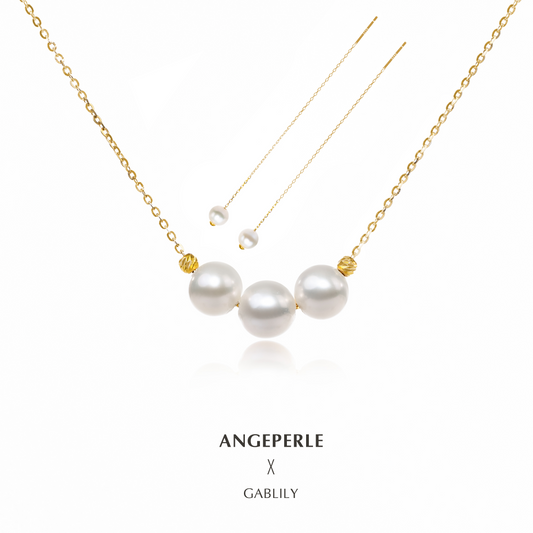 ANGEPERLE Freshwater S925 Silver Smile Chain Pearl Pendant and Pearl Earrings :6.5-7.5mm (TSJCY236)