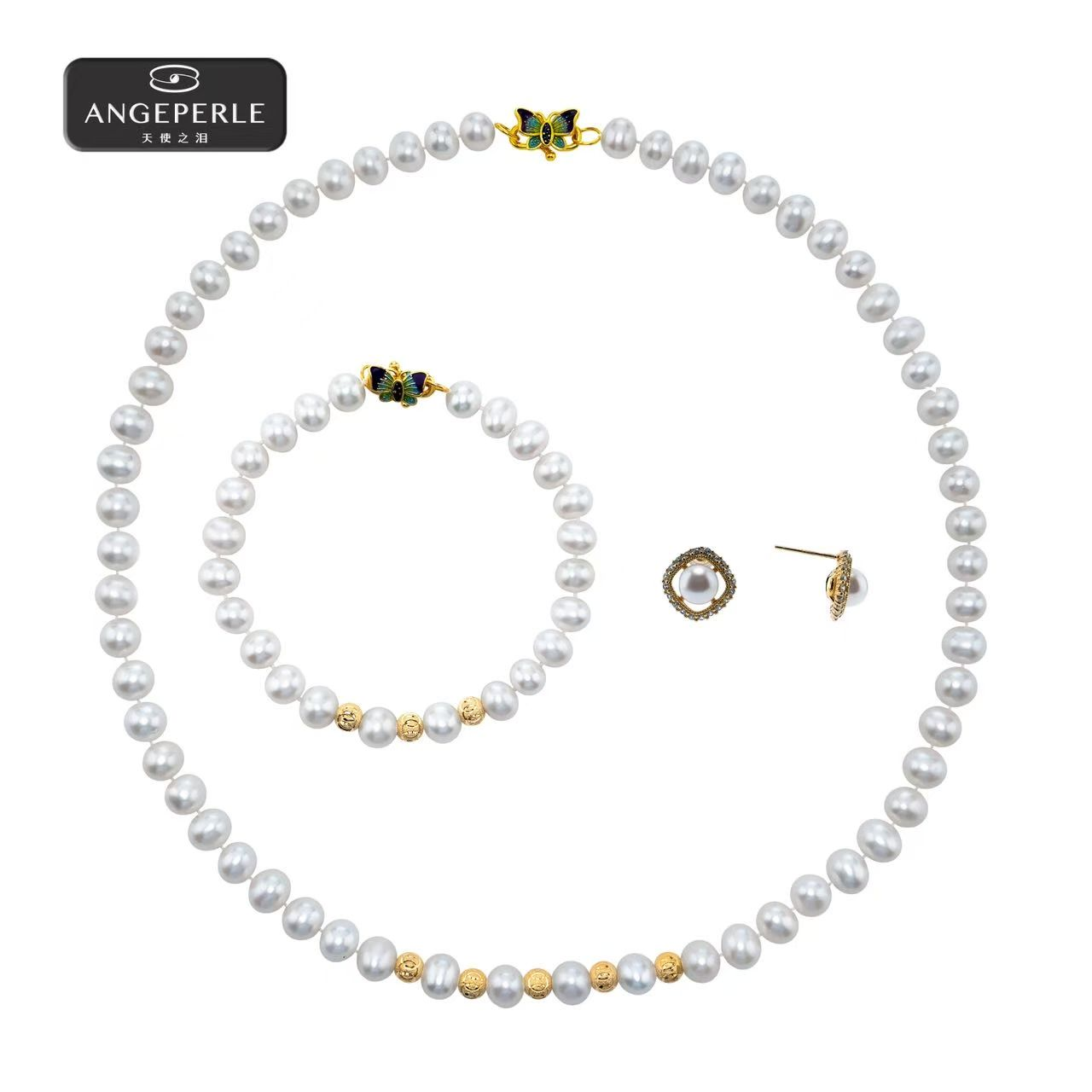 天使之淚 S925銀金銀球淡水珍珠項鍊手鍊耳環三件套(TSSLF207)