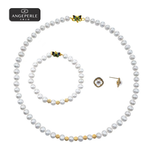 天使之淚 S925銀金銀球淡水珍珠項鍊手鍊耳環三件套(TSSLF207)