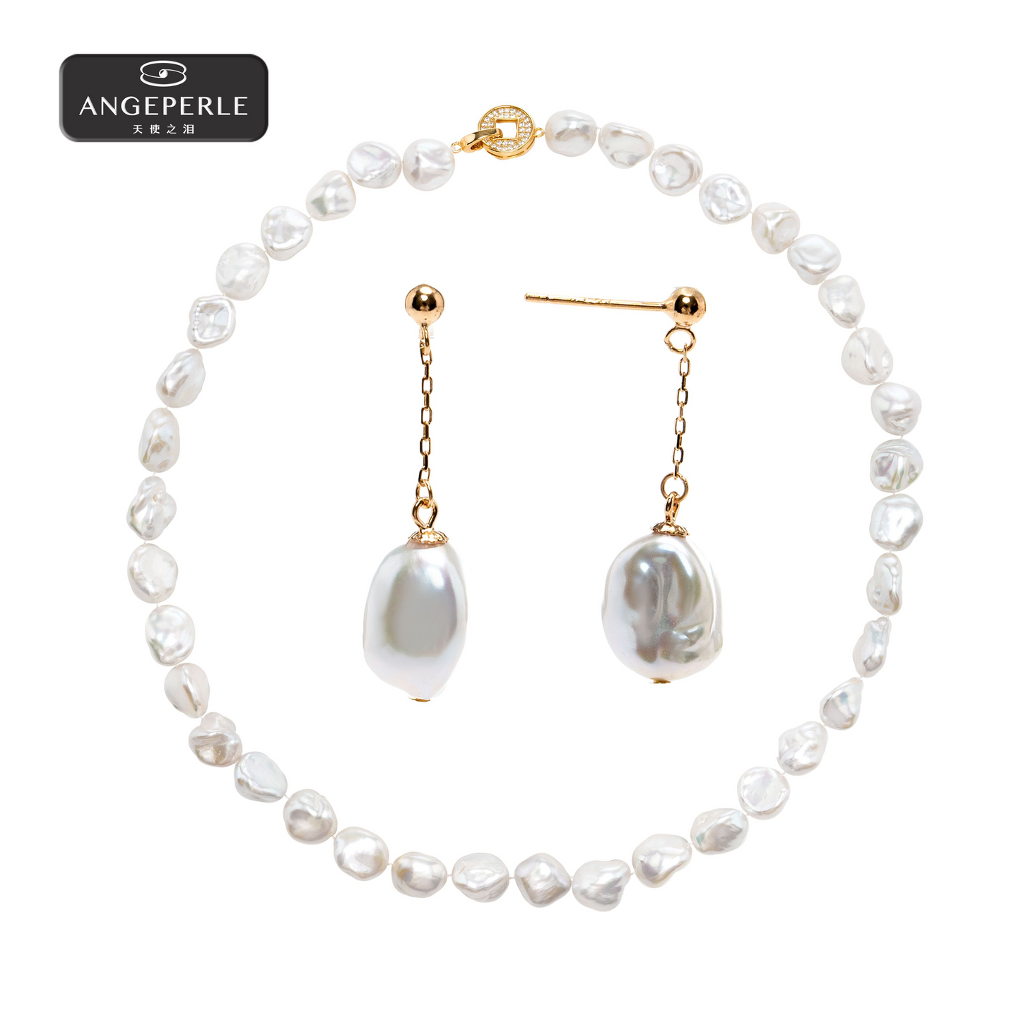 ANGEPERLE S925 silver freshwater pearl broken silver baroque pearl necklace with earrings 9-10MM(TSRY005)