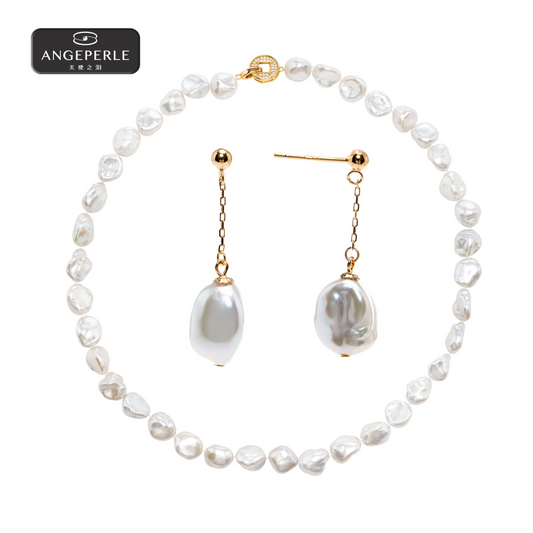 ANGEPERLE S925 silver freshwater pearl broken silver baroque pearl necklace with earrings  9-10MM(TSRY005)