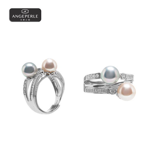 ANGEPERLE S925 Silver Saltwater Pearl Akoya Madama Ring 7-8mm TSZZN76