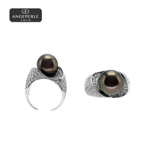 ANGEPERLE S925 silver seawater pearl Tahitian pearl ring 11-12mm(TSZZN68)
