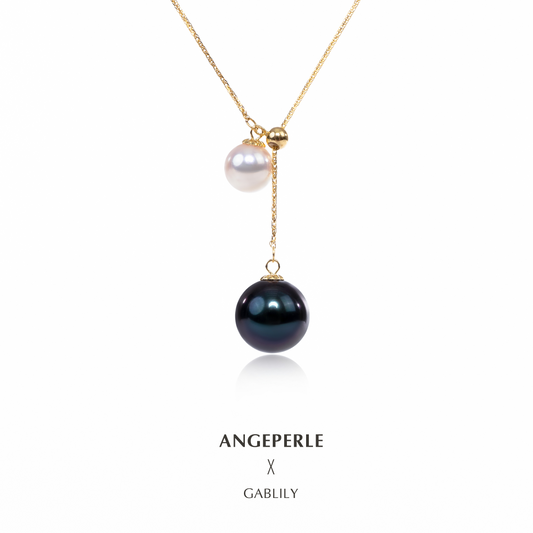 ANGEPERLE Seawater  Pearl Akoya And Tahitian Pearls Y-Shaped Chain Pearl Pendant High Quality: 6-6.5/9-10mm  (TSGY071)
