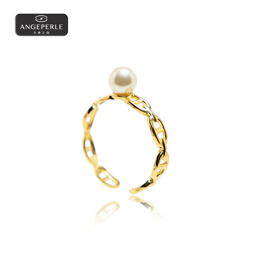 ANGEPERLE s925 silver seawater pearl feather golden ring 5-5.5mm(BPJ219)