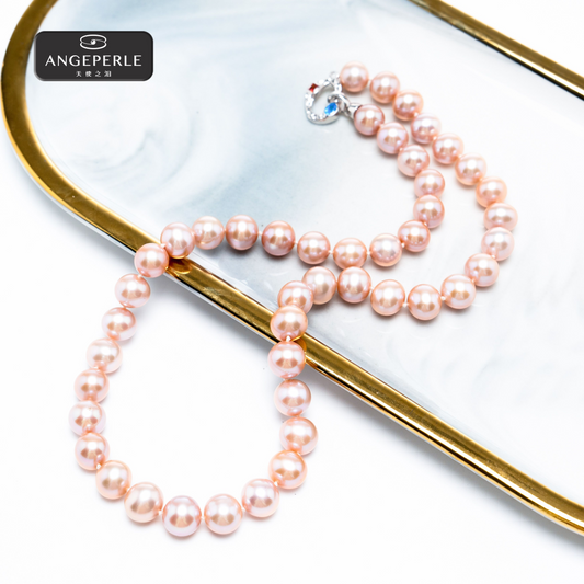 ANGEPERLE S925 silver freshwater pearl cherry blossom pink necklace 8.3-9.3mm(TSRY013)