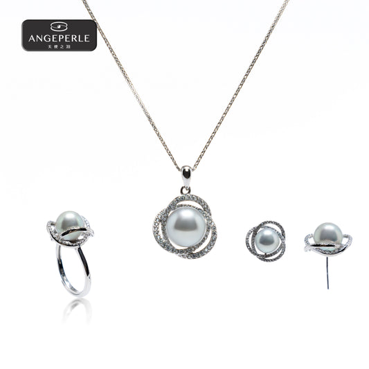 ANGEPERLE S925 silver seawater pearl AKOYA pendant earrings ring three-piece set 9-10mm TSZZN12