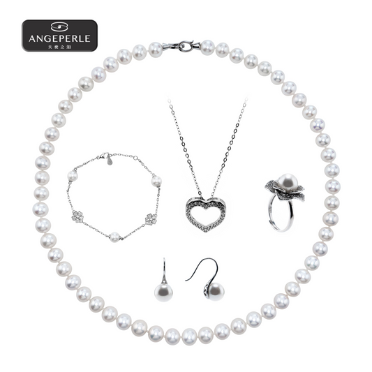 ANGEPERLE S925 silver freshwater pearl necklace with Gablily pearl earrings, ring and pendant(TSSLF230)