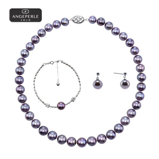 ANGEPERLE S925 silver freshwater pearl Edison pearl necklace bracelet earrings three-piece set Necklace 9-11mm / Bracelet and Earrings 10-11mm TSSLF260
