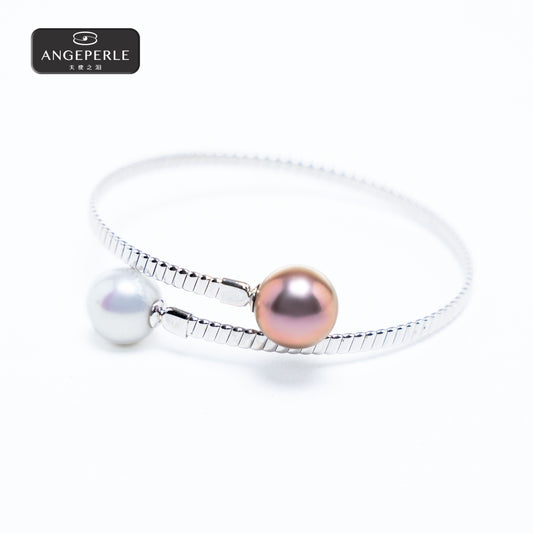 ANGELPERLE S925 Silver Freshwater Pearl Gablily Edison Double Pearl Bracelet(APSLF009)