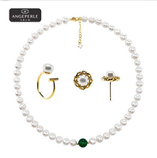 天使之淚 合金淡水珍珠玉髓項鍊送耳環戒指(SYAW04)