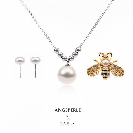 ANGEPERLE S925 Silver Freshwater Pearl Pendant Earrings Brooch Set (SZJY092)