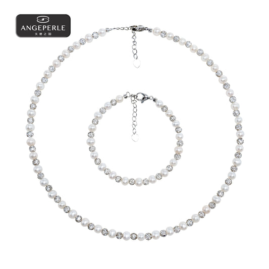 ANGELPERLE Alloy Freshwater Pearl Necklace & Bracelet Set (2pcs)(TSAW120)