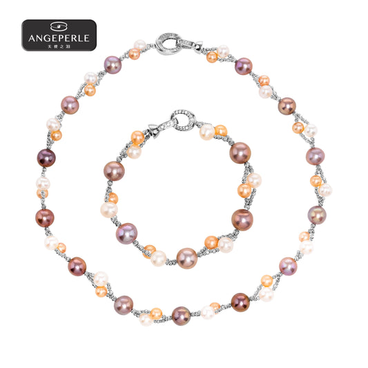 ANGELPERLE Alloy Freshwater Pearl Edison Three-Flower Lane Necklace & Bracelet Set (2pcs)(TSAW128)