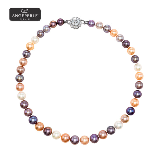 ANGELPERLE S925 Silver Iridescent Floral Freshwater Pearl Edison Candy Pearl Necklace(TSAW165)