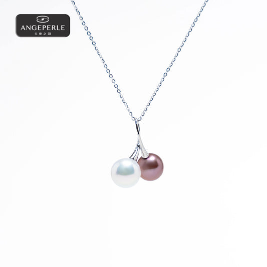 ANGELPERLE S925 Silver Freshwater Pearl Gablily Edison Double Pearl Cherry Pendant(TSJ059)