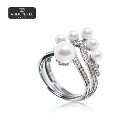 ANGELPERLE S925 Silver Freshwater Pearl Gablily Crown Ring Set (2pcs)(TSJ115)
