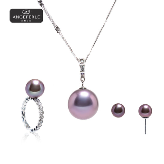 ANGELPERLE S925 Silver Freshwater Pearl Edison Pendant, Earrings & Ring 3-Piece Set(TSJ163)