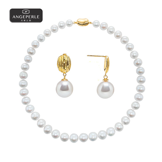 ANGELPERLE S925 Silver Freshwater Pearl Gablily Pearl Necklace with Earrings(TSJ400)