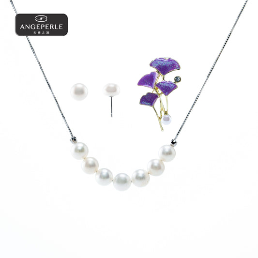 ANGEPERLE S925 Silver Freshwater Pearl Smile Chain with Free Stud Earrings and Brooch(TSJ454)