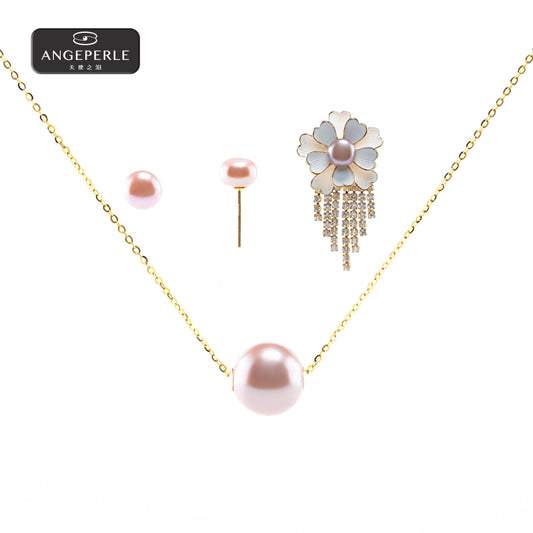 天使之淚 18K金貼片淡水珍珠紫珠吊墜送耳環胸針(TSJ467)