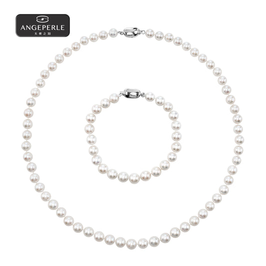 ANGEPERLE S925 Silver Freshwater Gablily Pearl Necklace with a Free Bracelet(TSJ543)