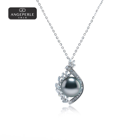ANGELPERLE S925 Silver Platinum Gray Seawater Pearl Tahitian Pendant (TSSLF190)