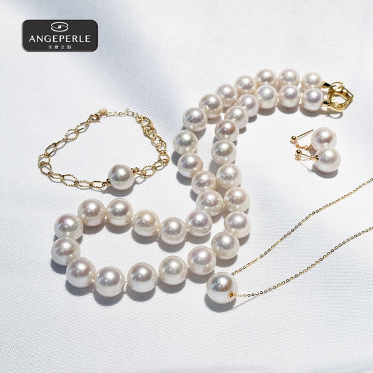 ANGEPERLE S925 Silver Freshwater Pearls Jiabaili Pearl Necklace with Pendant Earrings Bracelet(TSSLF198)