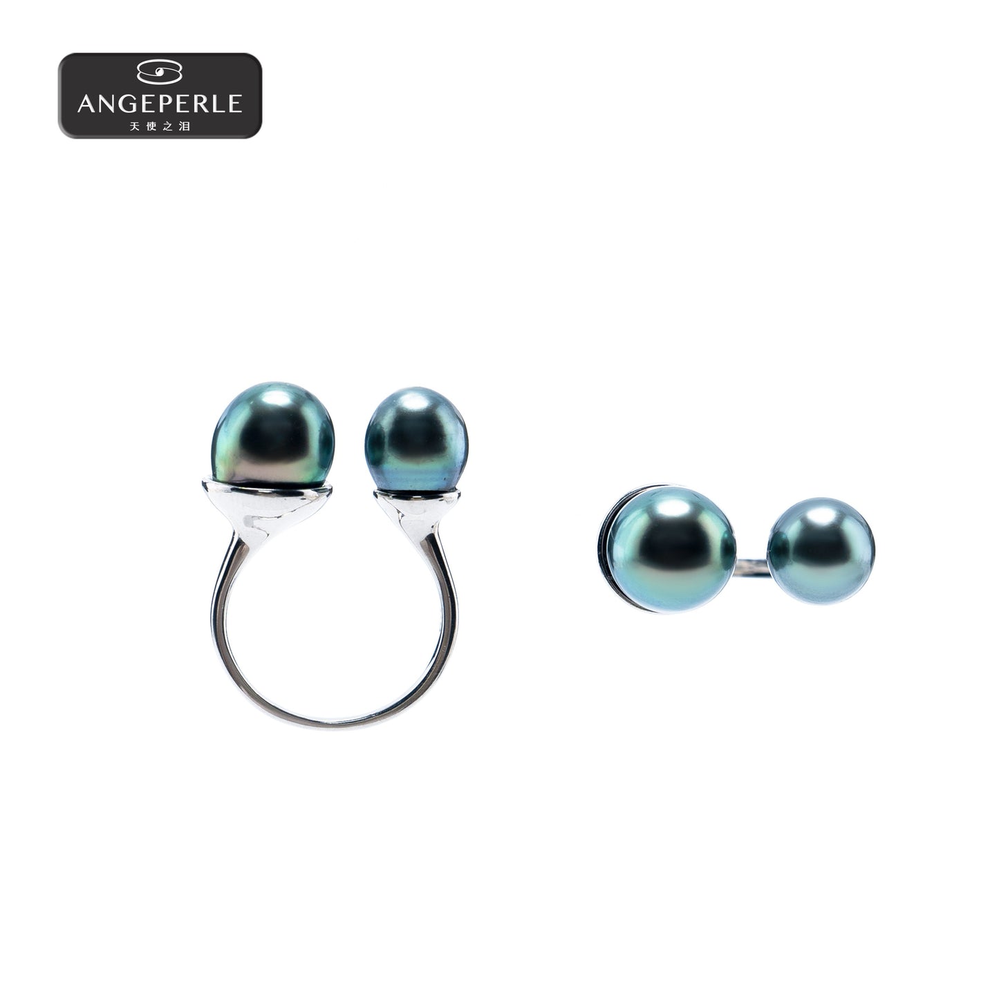 ANGELPERLE S925 Silver Seawater Pearl Tahitian Double Pearl Ring(TSZZN115)