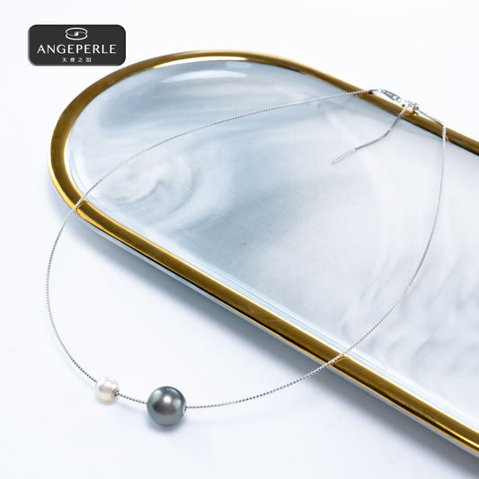 ANGELPERLE S925 Silver Seawater Pearl Akoya Tahitian Double Pearl Choker(ZZN22)