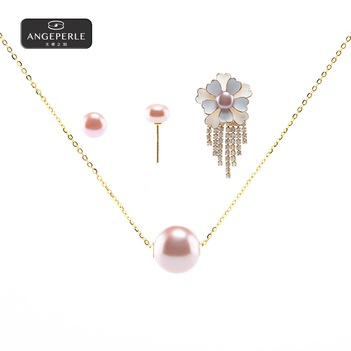 エンジェルズティアーズ 18Kゴールドペンダント(淡水パールとパープルビーズのパッチワーク)、イヤリングとブローチ付きTSJ467