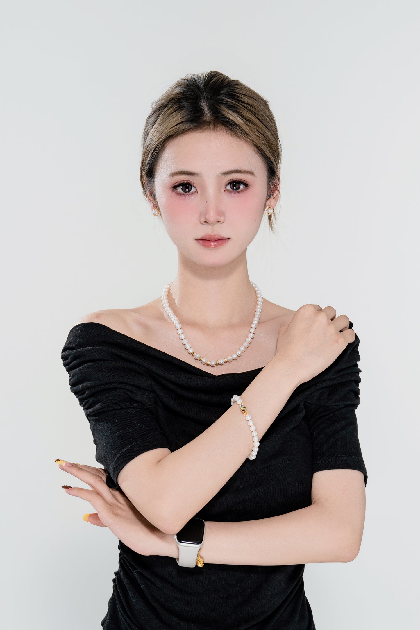 天使之淚 S925銀金銀球淡水珍珠項鍊手鍊耳環三件套(TSSLF207)