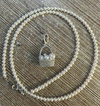 ANGEPERLE S925 silver freshwater pearl Gablily baby pearl necklace with flower basket pendant Necklace 4-5/Pendant 3-6mm（TSJ594）