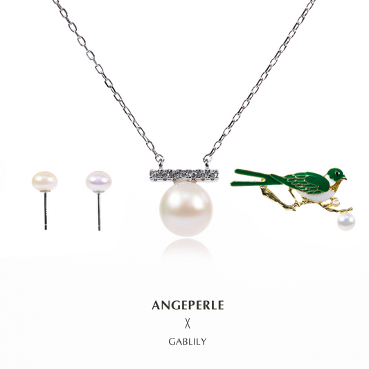ANGEPERLE S925 silver freshwater pearl Gablily pendant with earrings and brooch 7-8mm（TSJCY515）