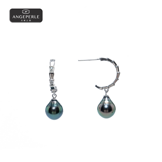 ANGEPERLE S925 silver seawater pearl Tahitian baroque pearl earrings 9-10mm（TSZZN72）