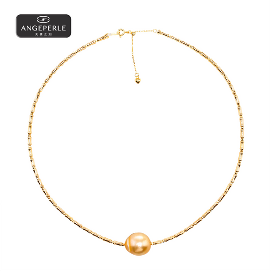 ANGEPERLE S925 Silver Seawater Pearl Baroque South Sea Golden Pear Necklace 14-15mm（TSZZN50）