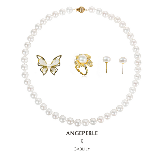 ANGEPERLE Lantern clasp freshwater pearl necklace with ring, earrings and brooch Necklace 8.5-9.5mm; Earrings 8-8.5mm; Ring 9-9.5mm; Brooch 6-7mm（TSJCY592）