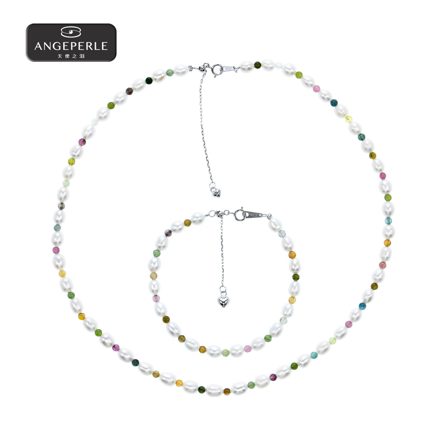 ANGEPERLE S925 silver freshwater pearl rice bead tourmaline necklace 5-6mm（TSJ579）
