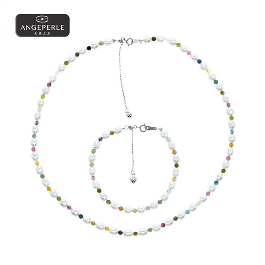 ANGEPERLE S925 silver freshwater pearl rice bead tourmaline necklace 5-6mm（TSJ579）