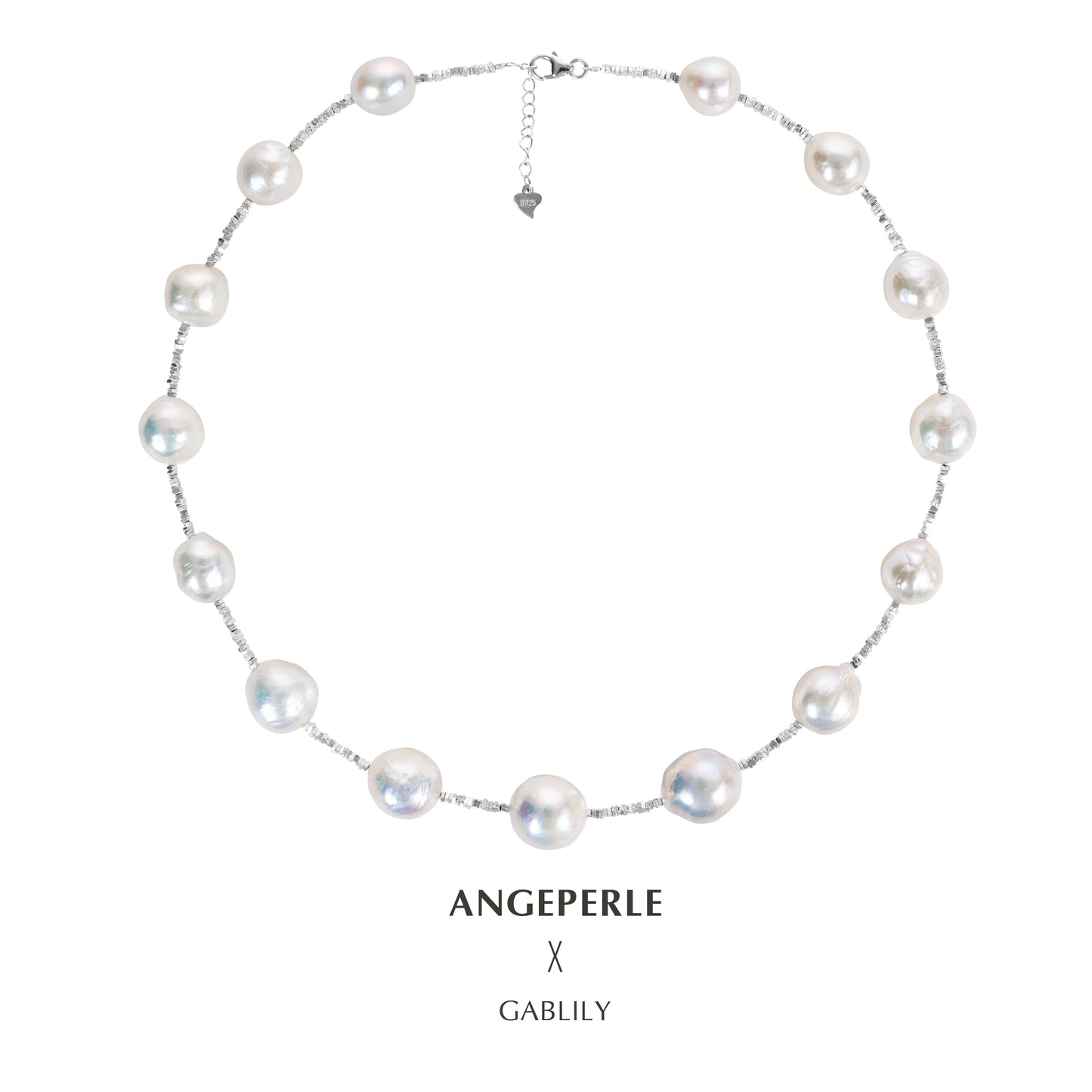 ANGEPERLE S925 Sterling Silver Freshwater Pearl Baroque Silver Flake Necklace 11-13mm TSJCY304