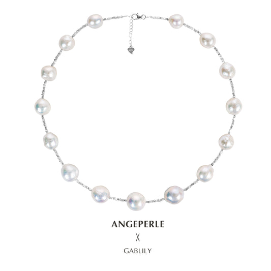 ANGEPERLE S925 Sterling Silver Freshwater Pearl Baroque Silver Flake Necklace 11-13mm TSJCY304