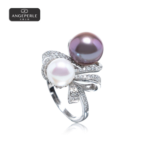 ANGELPERLE S925 Silver Freshwater Pearl Gablily Edison Double Pearl Ring（APSLF005）