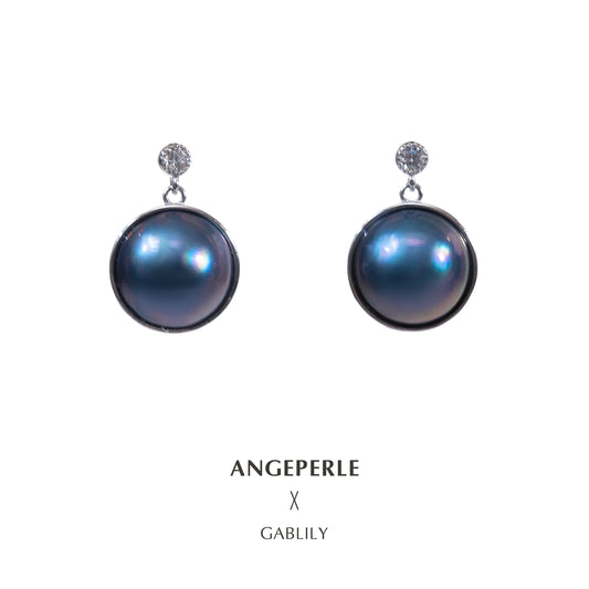 ANGEPERLE S925 Silver Seawater Mabe Pearl Earrings 13-14mm TSJYZB03