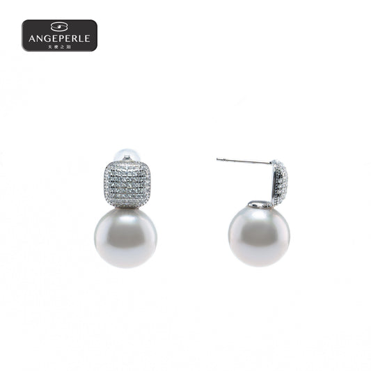 ANGEPERLE S925 Silver Freshwater Pearl Gablily Stud Earrings 12-13mm TSRY026