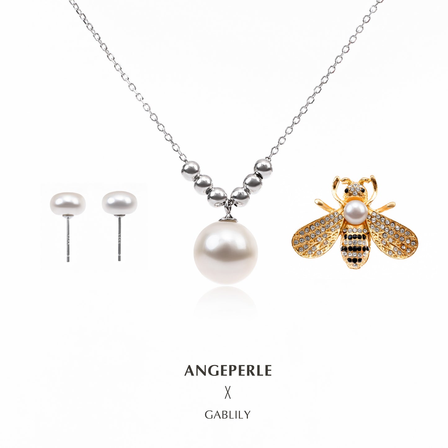 ANGEPERLE S925 Silver Freshwater Pearl Pendant Earrings Brooch Set (SZJY092)