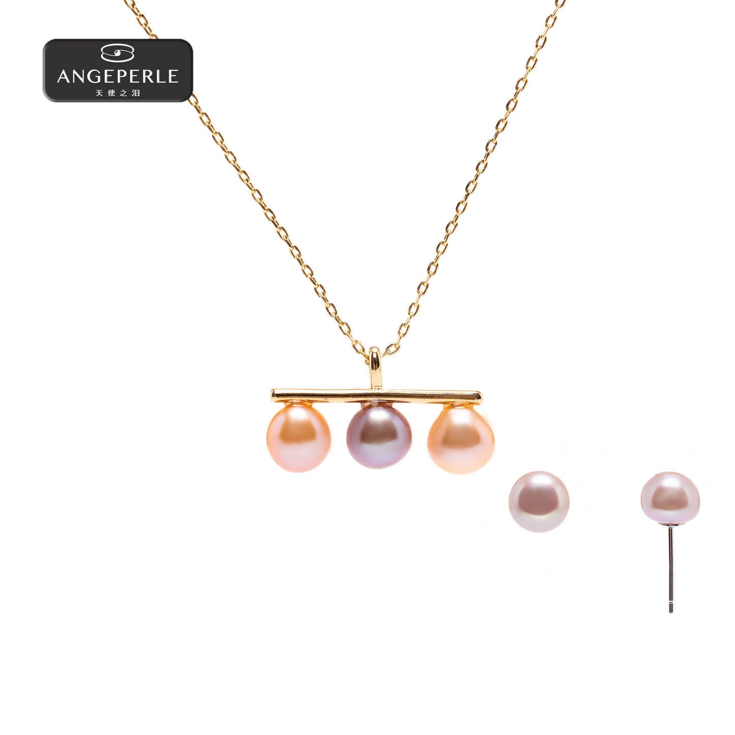 ANGELPERLE S925 Silver Freshwater Pearl Balance Pendant & Stud Earrings 2-Piece Set (TSSL124)